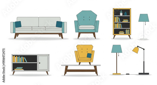 Collection of modern furniture and lighting elements.