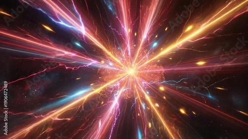 Explosion of colorful light beams radiating from the center, in motion showing abstract energy, motion, intensity, and futuristic visual power.