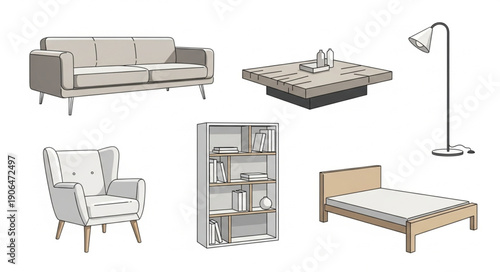 Collection of modern furniture for home interior design.