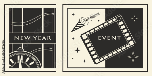 Art Deco New Year 2027 Event Panels – Curved Clock Design and Cinematic Filmstrip Celebration Art for Invitations, Flyers, Holiday Parties, and Premium Event Branding