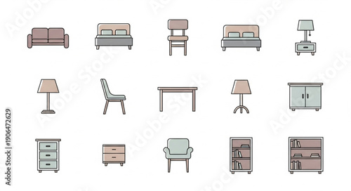 Collection of modern furniture icons in flat design style.