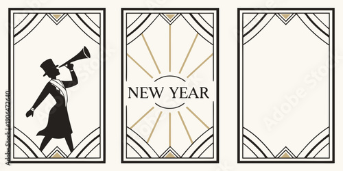Art Deco New Year 2027 Panels – Top‑Hat Announcer Silhouette, Radiant “NEW YEAR” Burst, and Minimal Deco Frame for Invitations, Flyers, Holiday Parties, and Premium Event Branding
