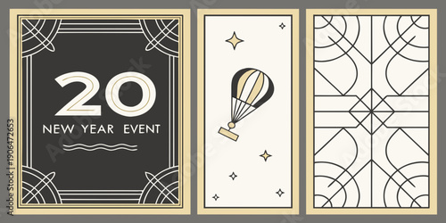 Art Deco New Year 2027 Event Panels – Hot‑Air Balloon Illustration, Geometric Abstract Pattern, and Vintage Linework for Invitations, Flyers, Holiday Parties, and Premium Event Branding
