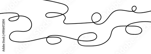 Continuous black squiggle line cable creating abstract wavy vector illustration pattern on white background. Curvy cable thread flowing horizontally with organic squiggle line loops and tangled curve.