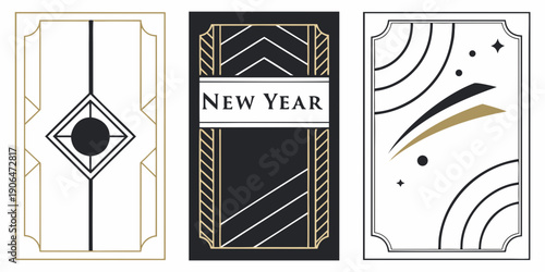 Art Deco New Year Card Set – Geometric Diamond Emblem, Diagonal Stripe “NEW YEAR” Panel, Abstract Star‑Curve Design in Black‑Gold Style