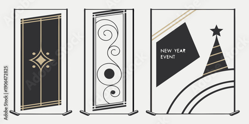 Art Deco New Year Event Banner Set – Diamond Line Panel, Swirl Pattern Design, Party Hat Illustration in Black‑Gold Modern Style