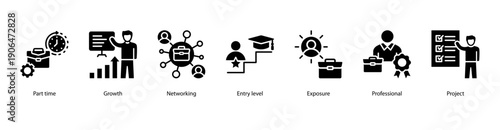 Professional Growth web banner illustration featuring Part time, Growth, Networking, Entry level, Exposure, Professional, and Project.