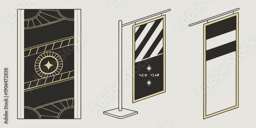 Modern Geometric Banner Set – Black‑Gold Diagonal Stripes, Star Emblem Panel, Minimal Stand Banners for Elegant Event Design