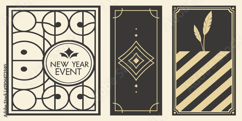 Art Deco New Year Event Poster Set – Geometric Circle Panel, Diamond Symmetry Design, Stylized Leaf Illustration in Black‑Gold Vintage Style