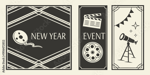 Cinematic New Year Event Poster Set – Film Reel Panel, Clapperboard Illustration, Telescope and Stars in Elegant Vintage Style