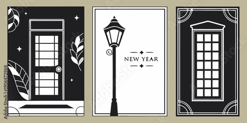 Art Deco New Year Poster Set – Vintage Street Lamp Panel, Decorative Door Illustrations, Elegant Black‑Gold Celebration Design