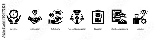 Education and Collaboration web banner illustration featuring Save time, Collaboration, Scholarship, Non profit organization, Education, Educational programs, and Initiative.