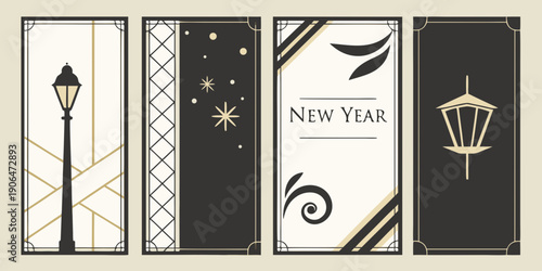 Art Deco New Year Poster Set – Geometric Lamp Panels, Diamond‑Star Pattern, Elegant Black‑Gold Celebration Design
