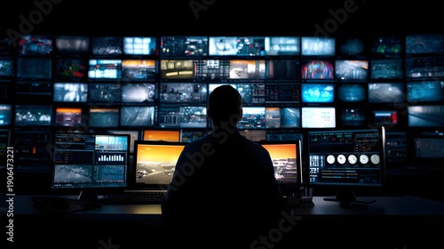Silhouette of a person in a control room surrounded by multiple screens displaying various images and data.