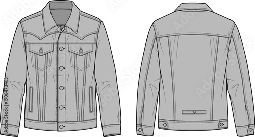 Men denim jacket technical drawing, front and back views, classic trucker style apparel design, black and white vector illustration template