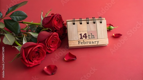 14th February on wooden calender with red roses on red background.