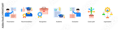 Academic Achievement web banner illustration featuring Presentation, Recommendation, Recognition, Academic, Evaluation, Career path, and Organization.