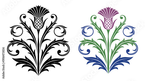 A colorful thistle flower design with black, green, blue, and purple hues