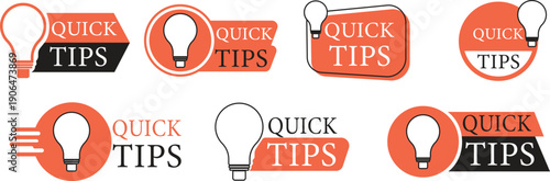 Quick tips icon set for user guidance, help, information, ideas, and advice. Symbol for web and app interface design, representing tips, helpful tricks, and smart ideas for business and advertising.