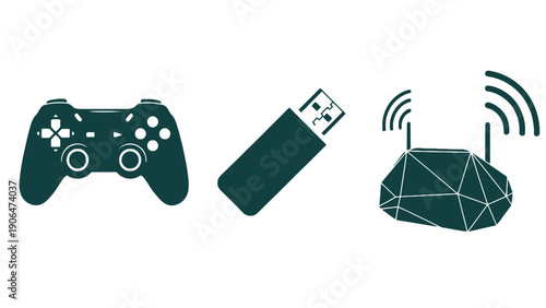 A graphic illustration of gaming controller, USB drive, and wireless router