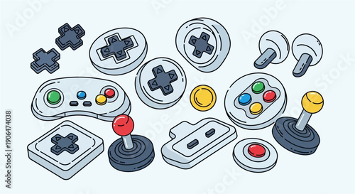 A collection of retro video game controller parts and buttons in a cartoon style.