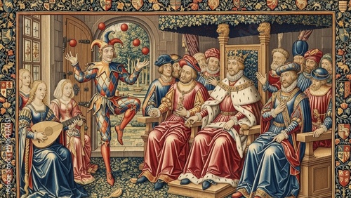 Medieval Court Scene: A vibrantly detailed medieval tapestry portrays a royal court in full swing, featuring a jester juggling, musicians playing, and the king and queen in attendance.