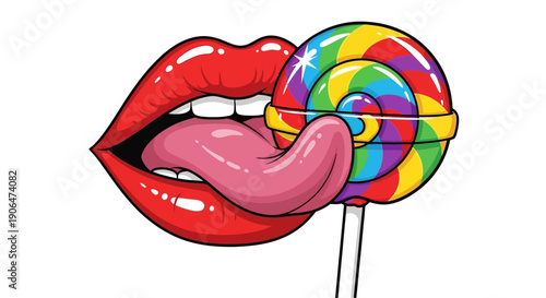 Red glossy lips with a pink tongue licking a vibrant rainbow spiral lollipop against a white background.