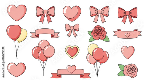 Collection of adorable pink and red valentine themed graphic design elements featuring cute hearts, stylized bows, festive balloons, beautiful roses, and decorative ribbon banners