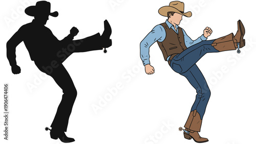 An illustration of a cowboy kicking his leg in a dynamic pose