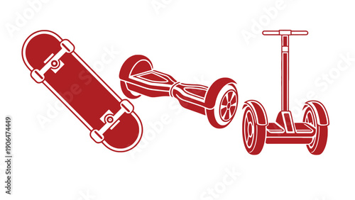 A red illustration of a skateboard and two types of electric scooters