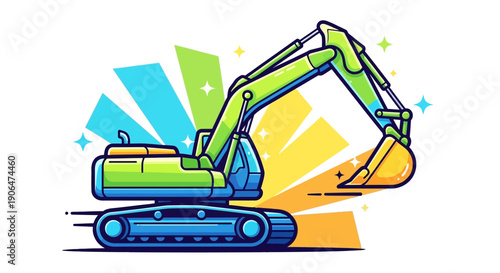 A vibrant cartoon illustration of a green and blue excavator with a yellow bucket, set against a dynamic background with colorful rays and sparkles.