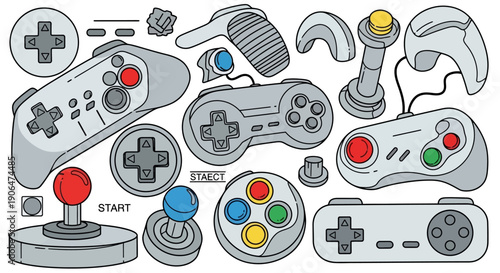 A collection of retro and modern video game controllers and joysticks in a flat design style.