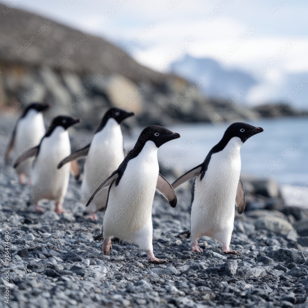 Fototapeta premium Adelie penguins walking on rocky antarctic shoreline