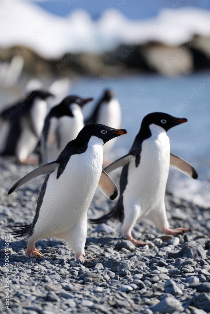 Fototapeta premium Group of adelie penguins walking on rocky shore near ocean