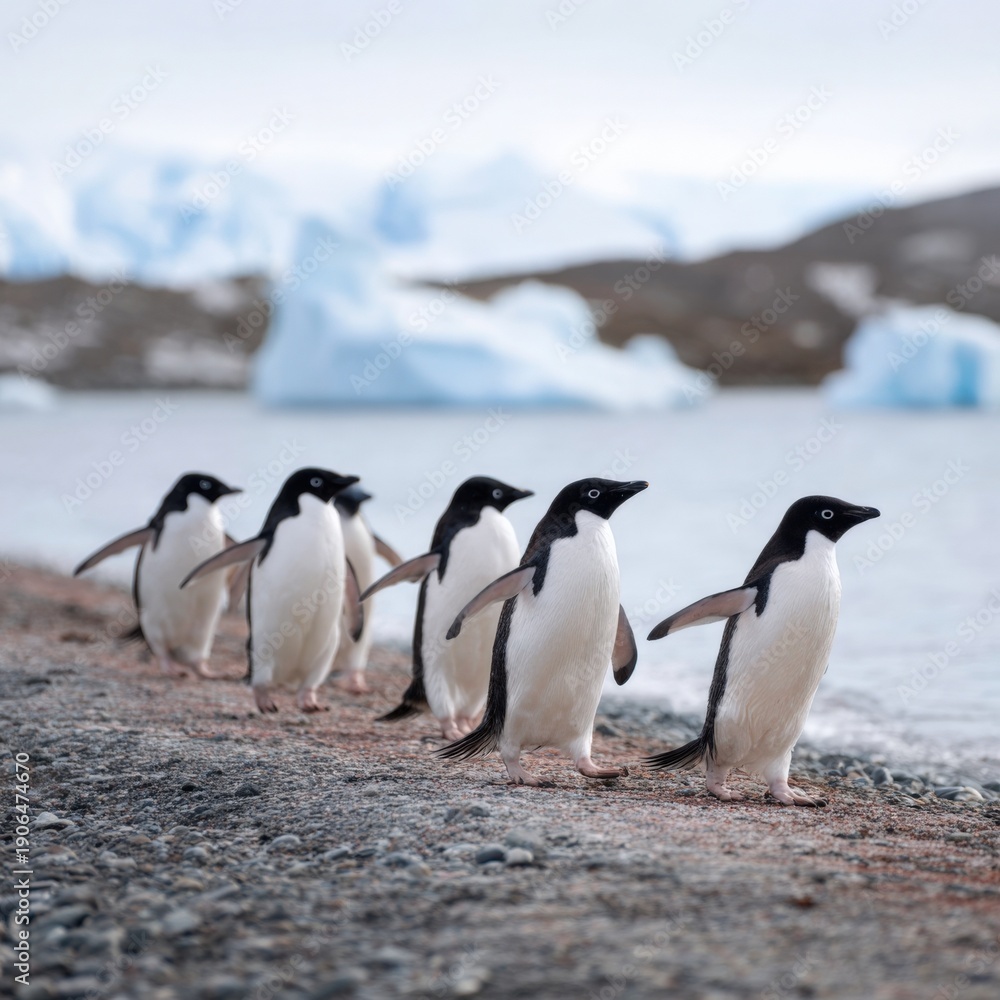 Obraz premium Group of adélie penguins walking on rocky antarctic shoreline