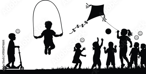 Silhouettes of children playing outdoors with scooter jumping rope flying kite and catching ball on grassy field in playful lively scene