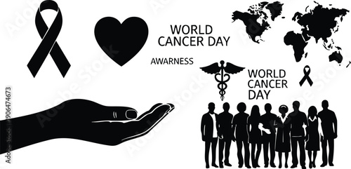 Flat design black cancer awareness ribbon and heart with outstretched hand and world map silhouette featuring diverse group standing together for world cancer day and medical symbol vector art