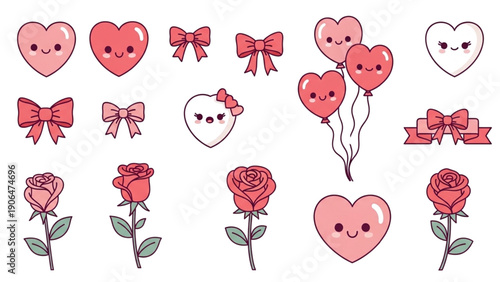 Adorable kawaii collection featuring charming pink heart shapes smiling balloons festive ribbons and beautiful single stem roses perfect for valentines