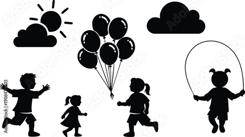 Silhouettes of children running playing with balloons and skipping rope under sun and clouds outdoor vector art illustration design black and white concept