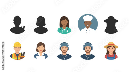 A diverse group of cartoon people in various professions and avatars