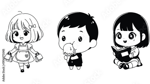 Three cartoon children engaged in playful activities on a white background