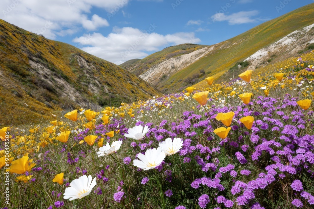 Obraz premium Colorful wildflowers blooming in vibrant hillside valley landscape under blue sky