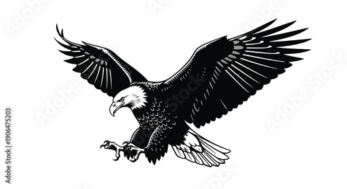 Flying American bald eagle in dramatic monochrome illustration for patriotic symbol