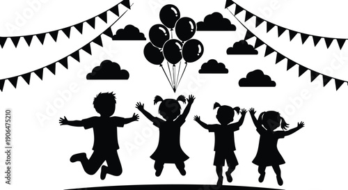 Black silhouette children jumping with balloons and party flags in festive scene with clouds and joyful playful vibe vector art illustration