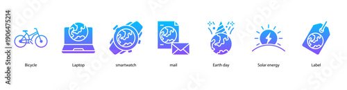 Eco Technology web banner illustration featuring Bicycle, Laptop, Smartwatch, Mail, Earth day, Solar energy, and Label.