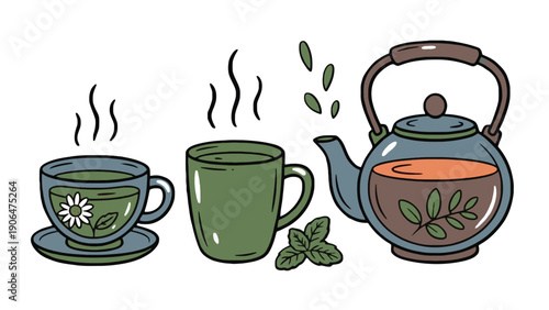 A cartoon illustration of tea cups and a teapot with steam rising