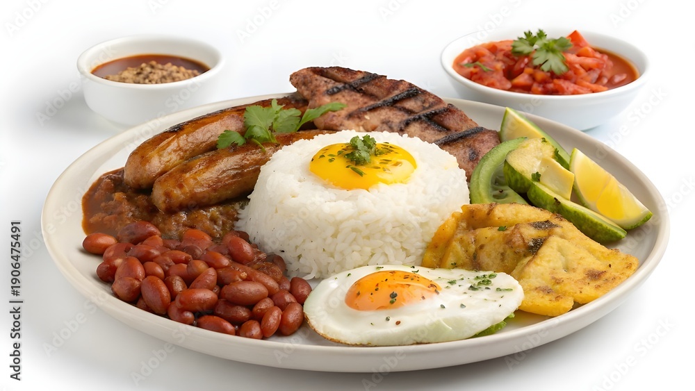 Fototapeta premium Colombian Bandeja Paisa Traditional Dish with Beans Rice Egg Avocado Chorizo and Fried Plantain Authentic Latin American Food
