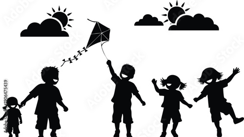 Black silhouette of five joyful children flying a kite playing outside under sunny sky with clouds and bright sun vector art illustration