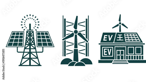 Renewable energy icons including solar panels and wind turbines for sustainable living