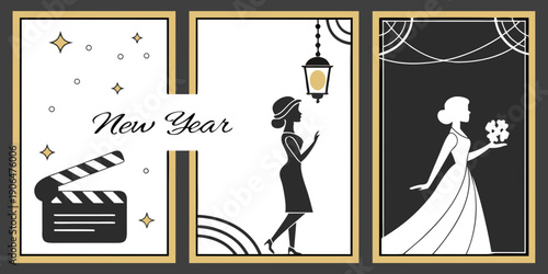 Cinematic New Year Poster Set – Film Clapperboard, Lantern Walk Silhouette, Elegant Gown Illustration in Black‑Gold Festive Art Deco Style